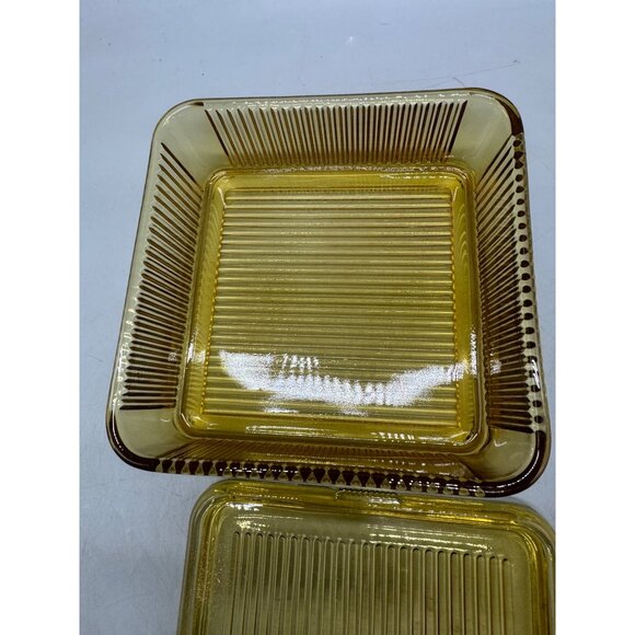 Vintage Square Federal Glass Yellow Ribbed Refrigerator Lidded Box 8.5" READ - Picture 4 of 7
